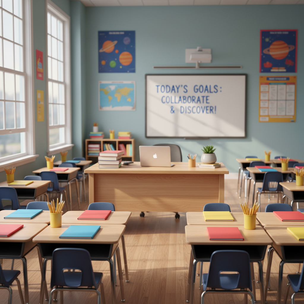An inviting classroom interior centered on a large, well-organized teacher’s desk with neatly stacked textbooks, a silver laptop, and a small potted plant. Rows of student desks are arranged in cooperative clusters, each with bright folders and sharpened pencils, suggesting engaged learning. Colorful yet tasteful educational posters and a large whiteboard fill the background walls. Warm afternoon sunlight filters through tall windows, casting soft, diagonal light across the desks and creating gentle shadows. Photographic realism with an eye-level composition and moderate depth of field keeps the front row of desks in crisp focus while the back of the room subtly blurs. The mood is optimistic, orderly, and focused on student success and effective leadership.